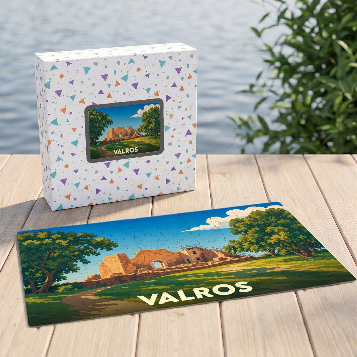 Puzzle souvenir de la ville de Valros avec une illustration stylisée de son patrimoine.
