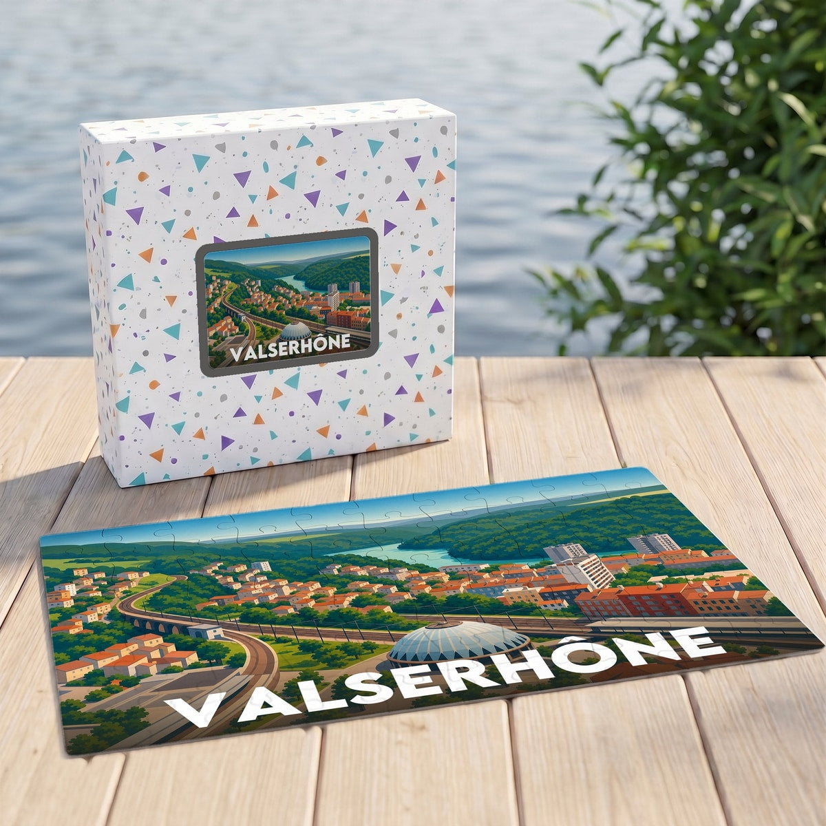 Puzzle souvenir de la ville de Valserhône avec une illustration stylisée et colorée.