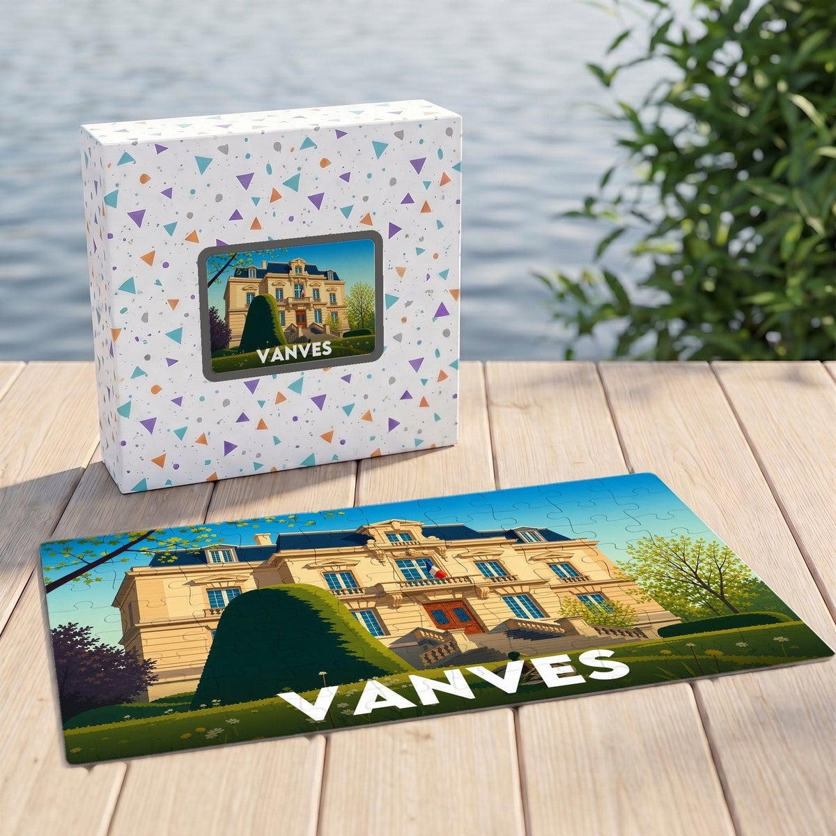 Puzzle souvenir de la ville de Vanves avec une illustration stylisée de son hôtel de ville.