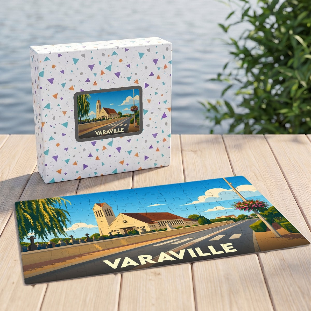 Puzzle souvenir de la ville de Varaville avec une illustration stylisée d'une église et d'un paysage côtier.