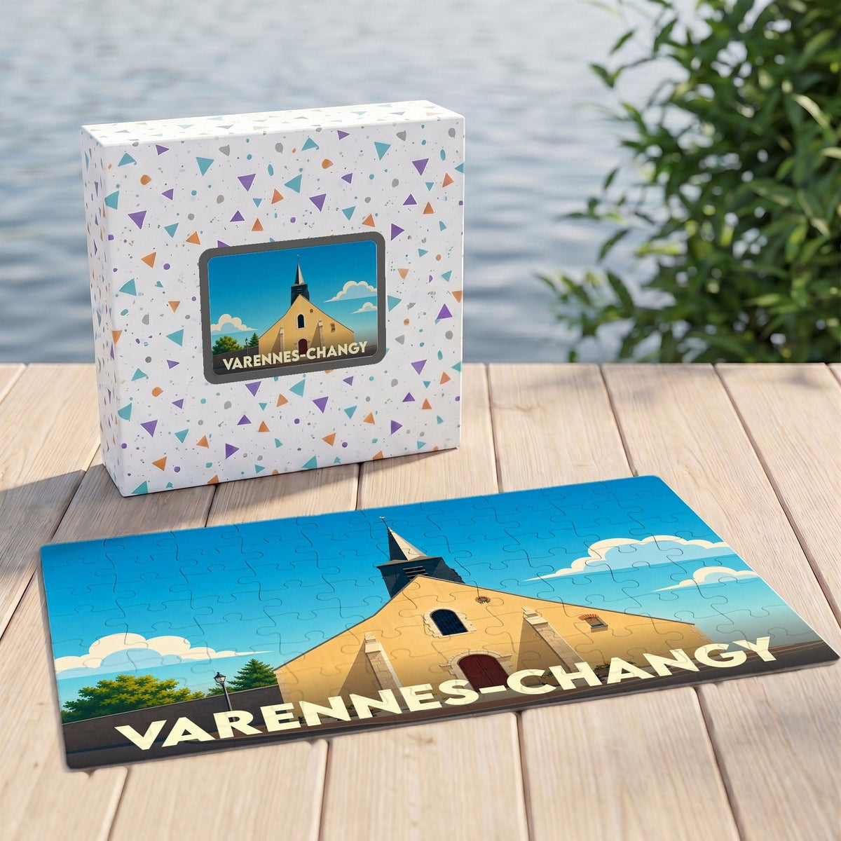 Puzzle souvenir de la ville de Varennes-Changy avec une illustration stylisée de son église.