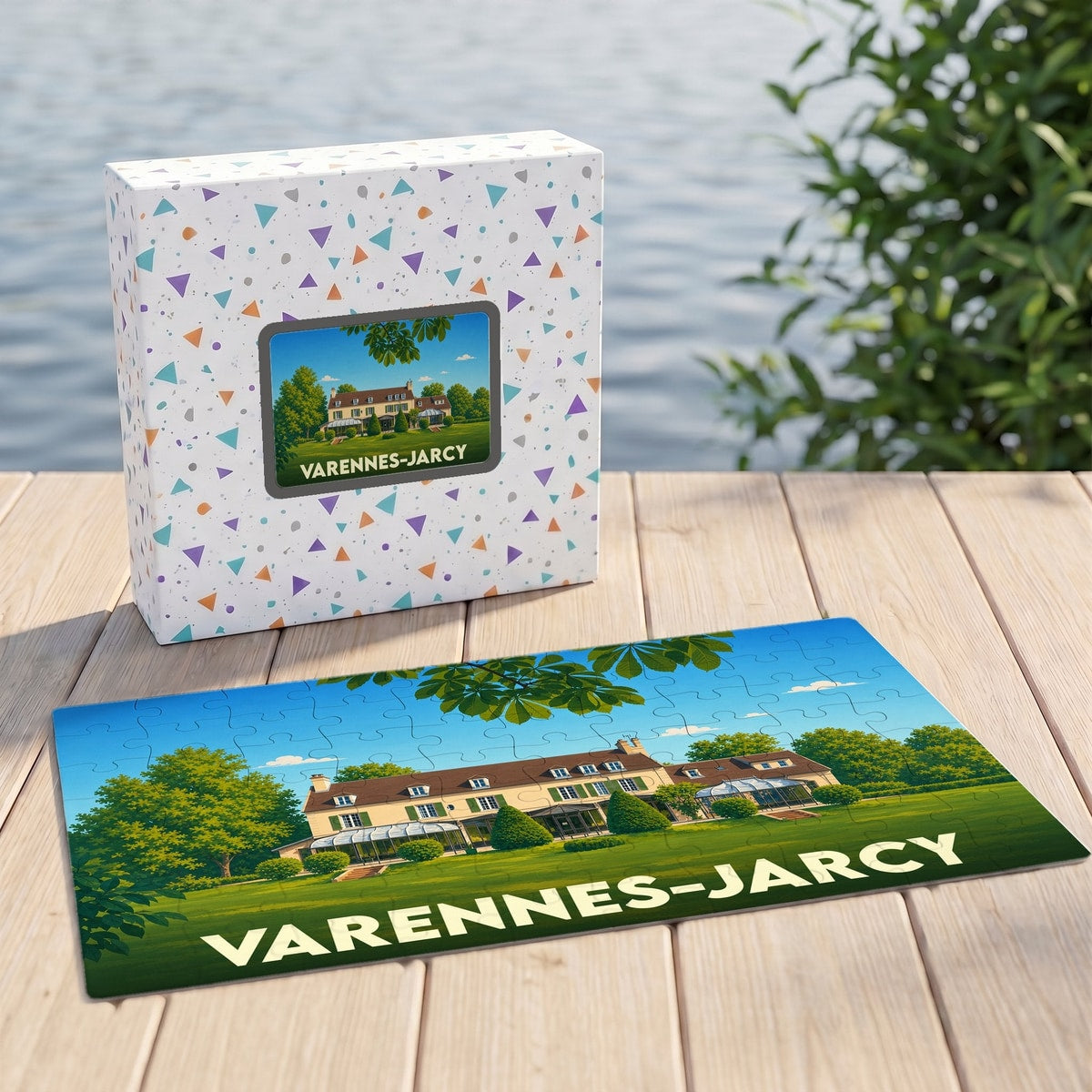 Puzzle souvenir de la ville de Varennes-Jarcy avec une illustration stylisée de son patrimoine.