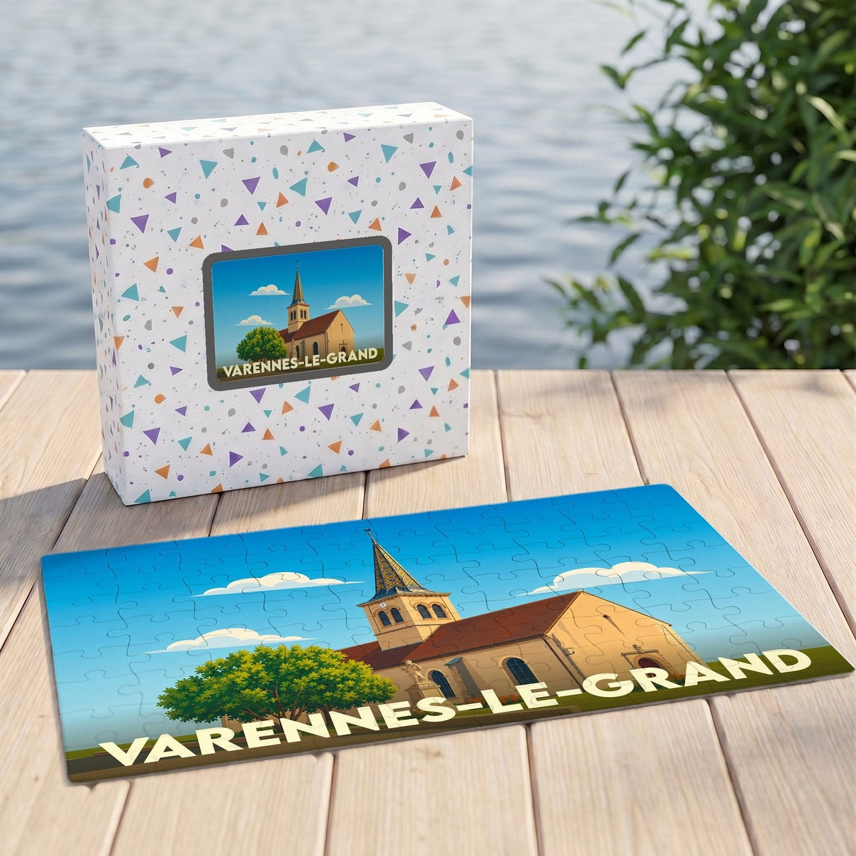 Puzzle souvenir de la ville de Varennes-le-Grand avec une illustration stylisée de son église.