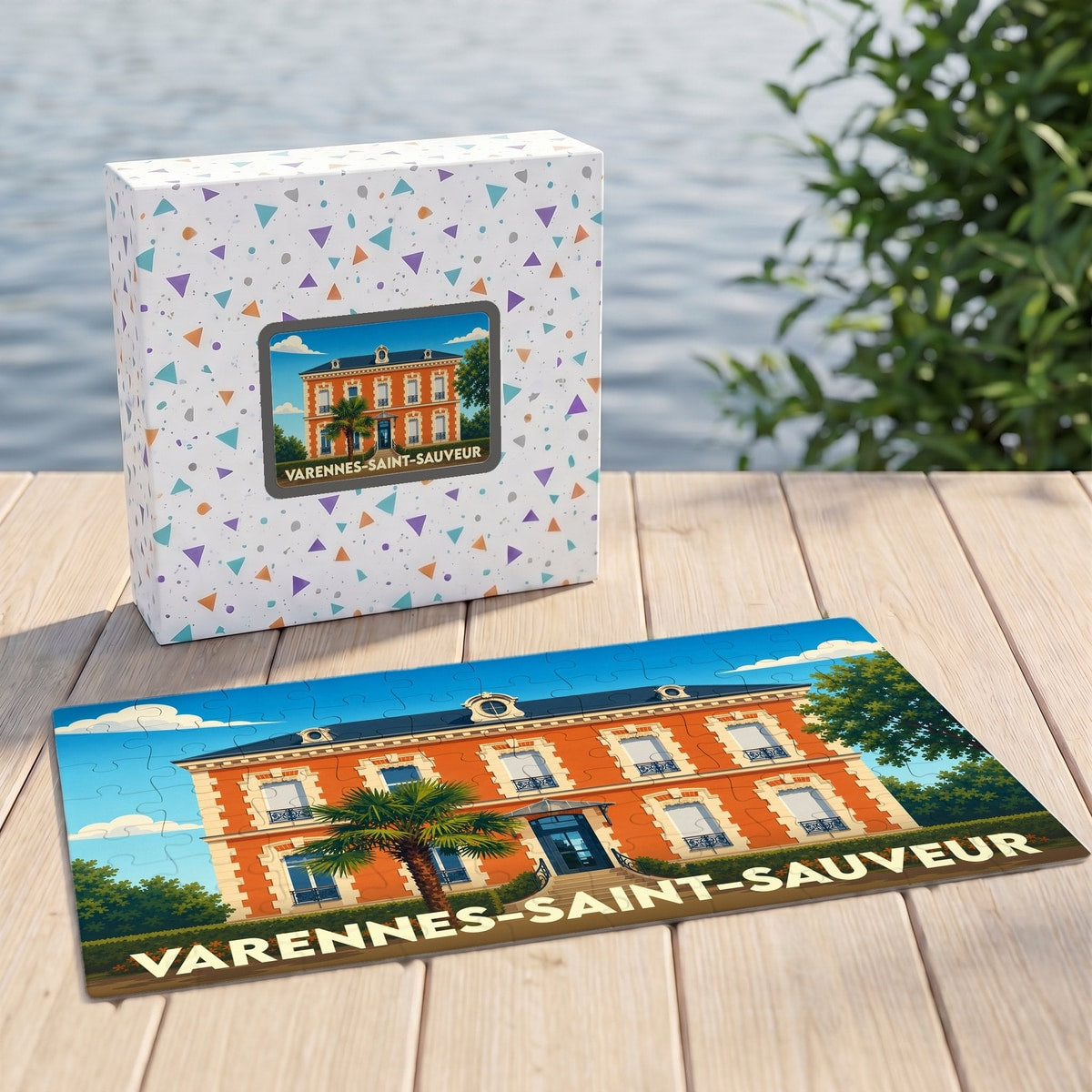 Puzzle souvenir de la ville de Varennes-Saint-Sauveur illustrant une élégante bâtisse colorée.