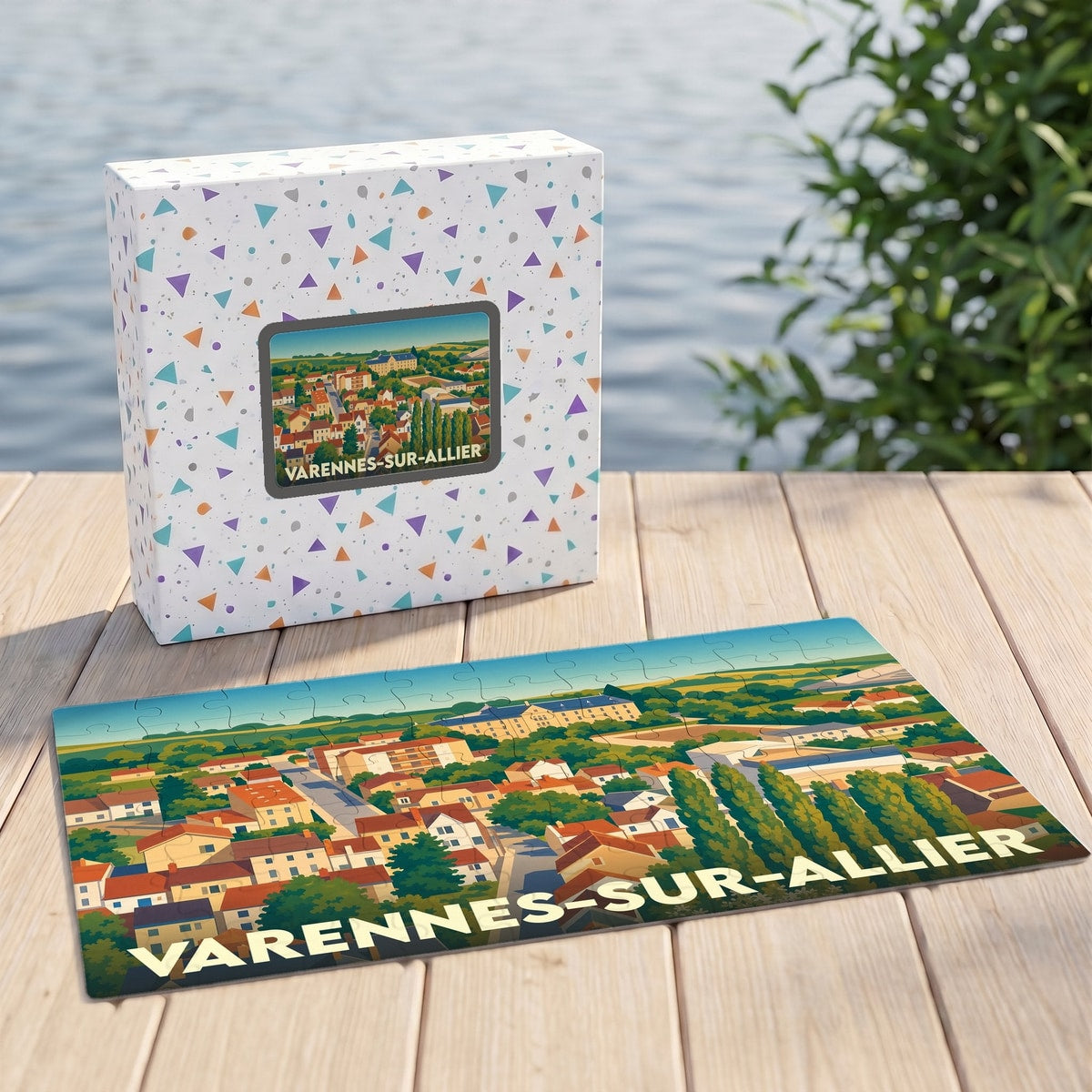 Puzzle souvenir de la ville de Varennes-sur-Allier avec une illustration stylisée d'un paysage urbain.