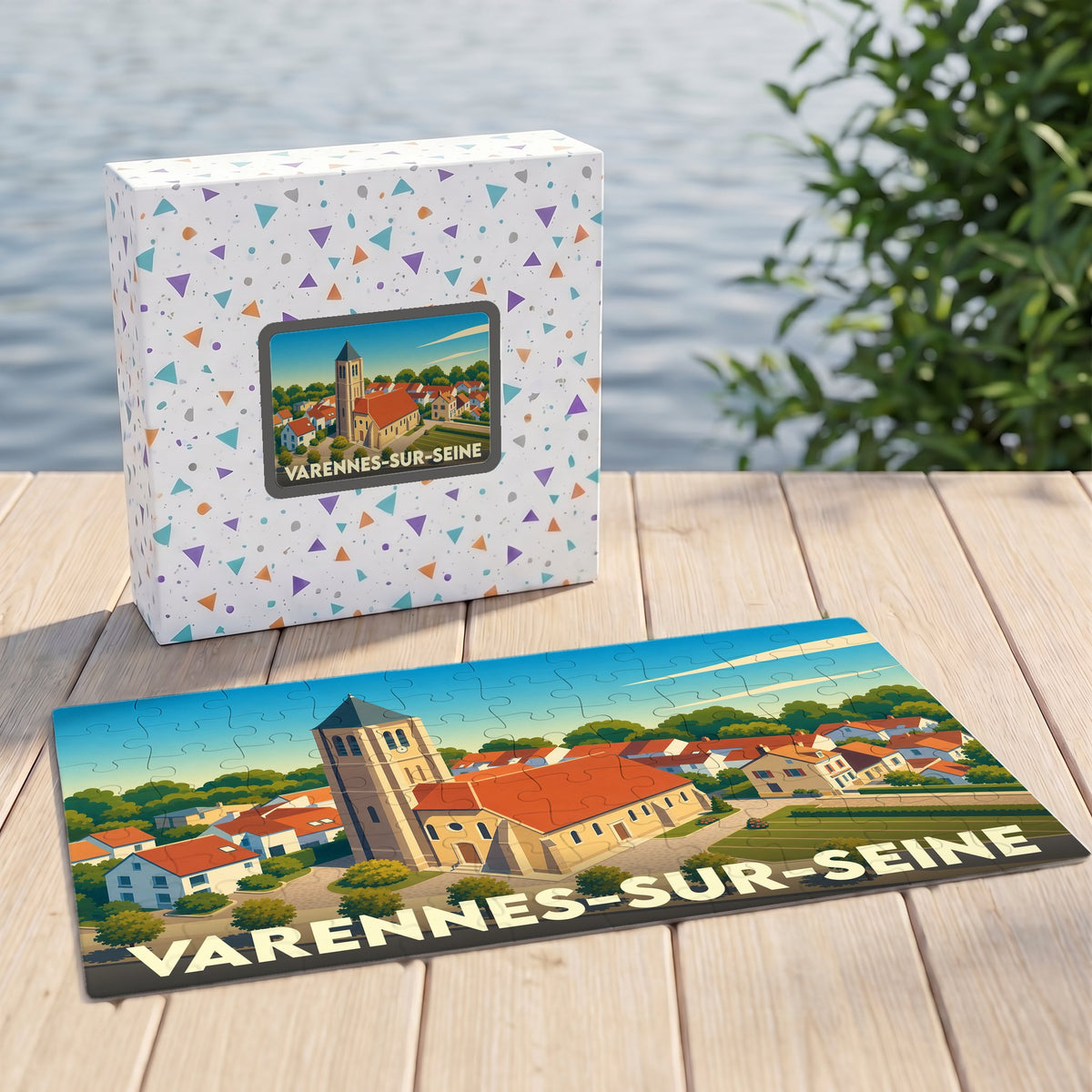 Puzzle souvenir de la ville de Varennes-sur-Seine avec une illustration stylisée de son église et de ses maisons.