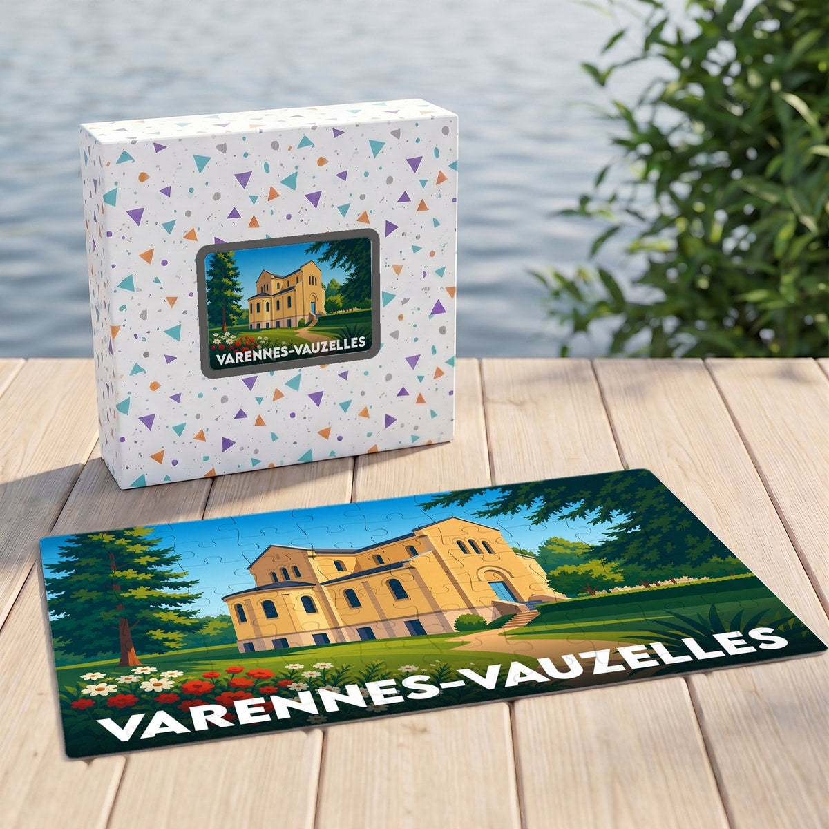 Puzzle souvenir de la ville de Varennes-Vauzelles avec une illustration stylisée d'un bâtiment historique.
