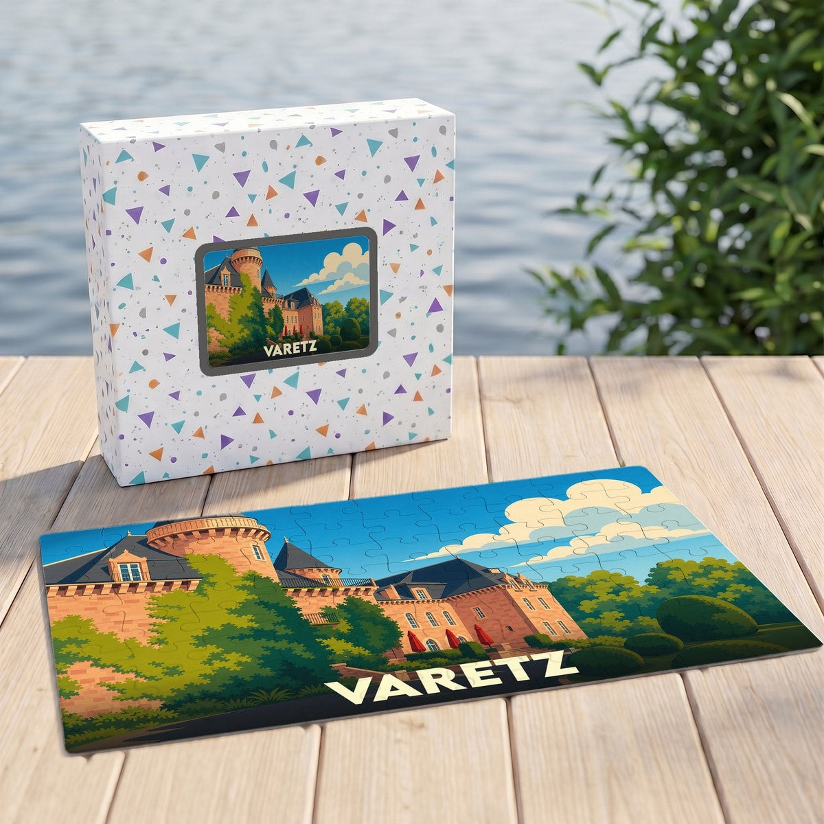 Puzzle souvenir de la ville de Varetz avec une illustration stylisée d'un château.