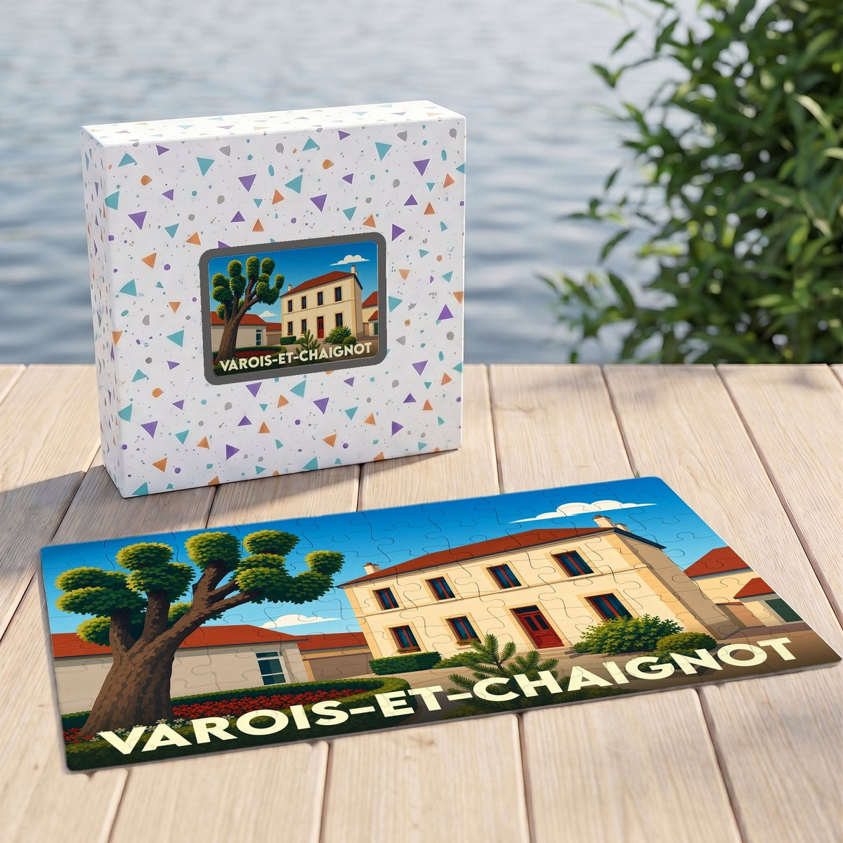 Puzzle souvenir de la ville de Varois-et-Chaignot avec une illustration stylisée.