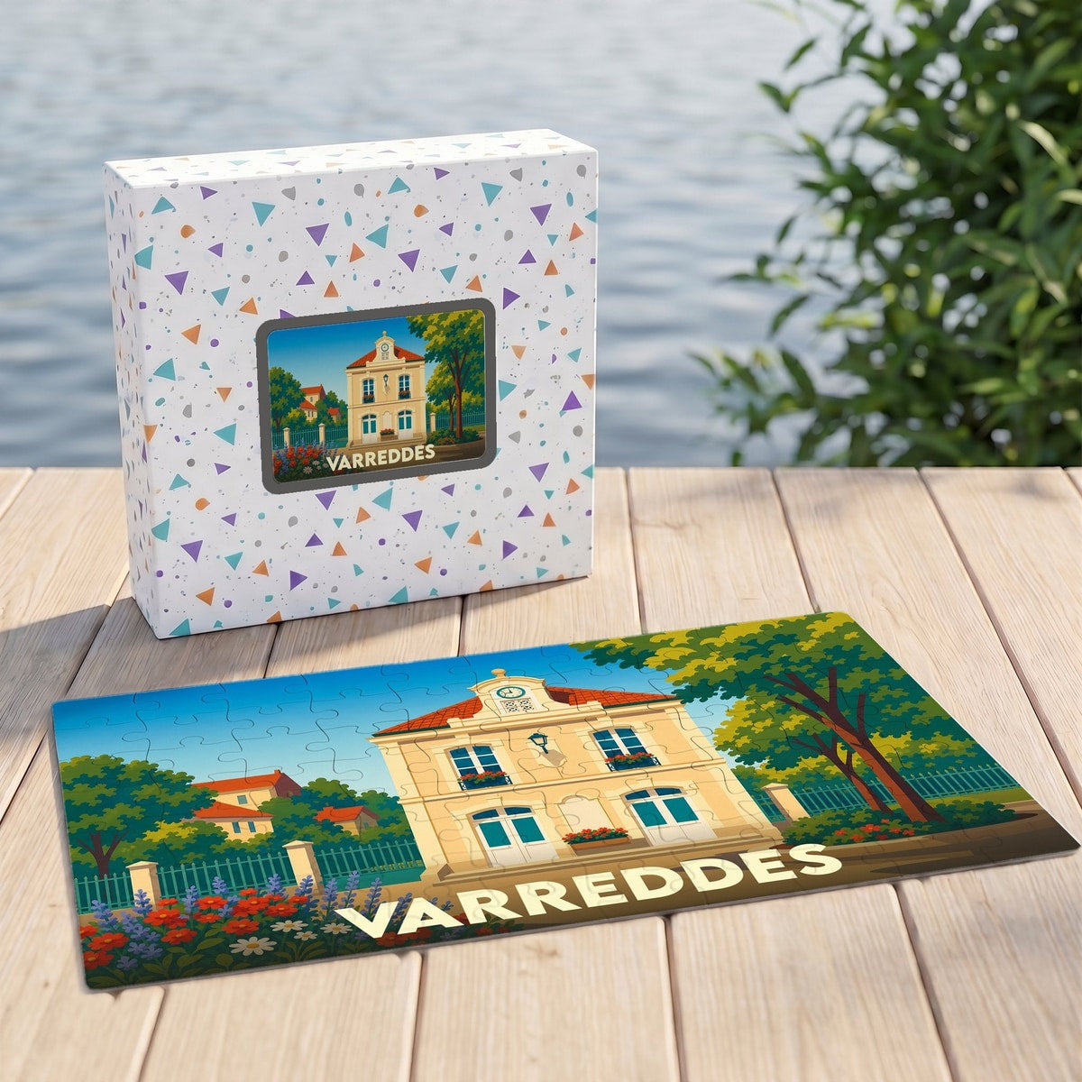Puzzle souvenir de la ville de Varreddes avec une illustration colorée et stylisée de sa mairie.