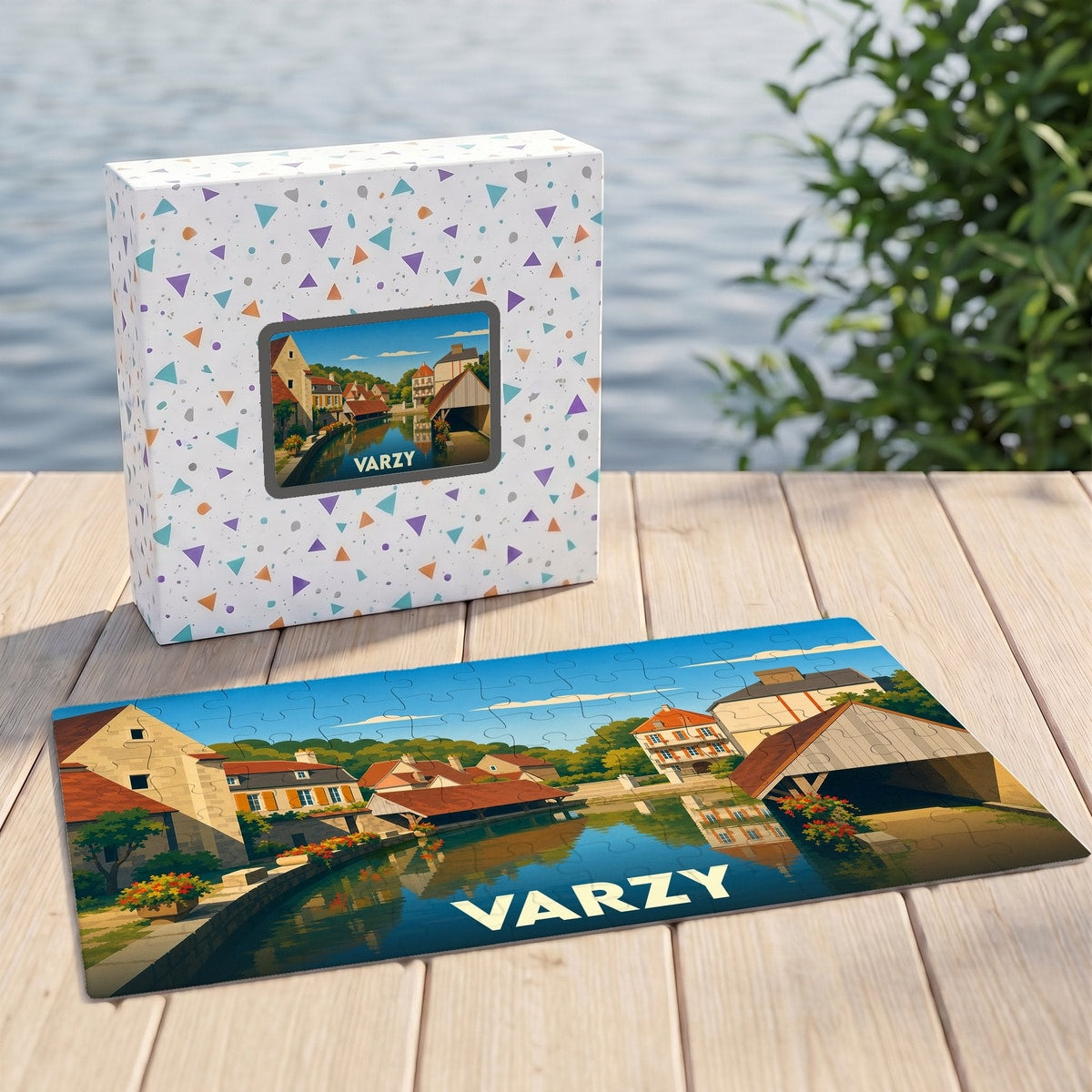 Puzzle souvenir de la ville de Varzy avec une illustration stylisée d'un paysage urbain au bord de l'eau.