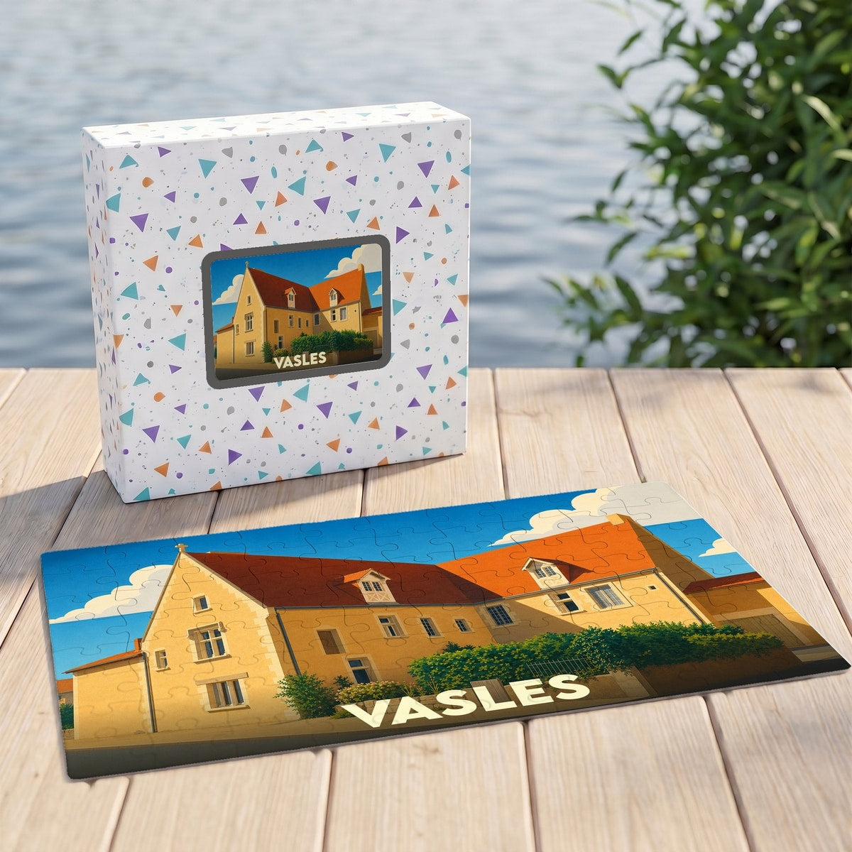 Puzzle souvenir de la ville de Vasles avec une illustration stylisée d'un bâtiment historique.