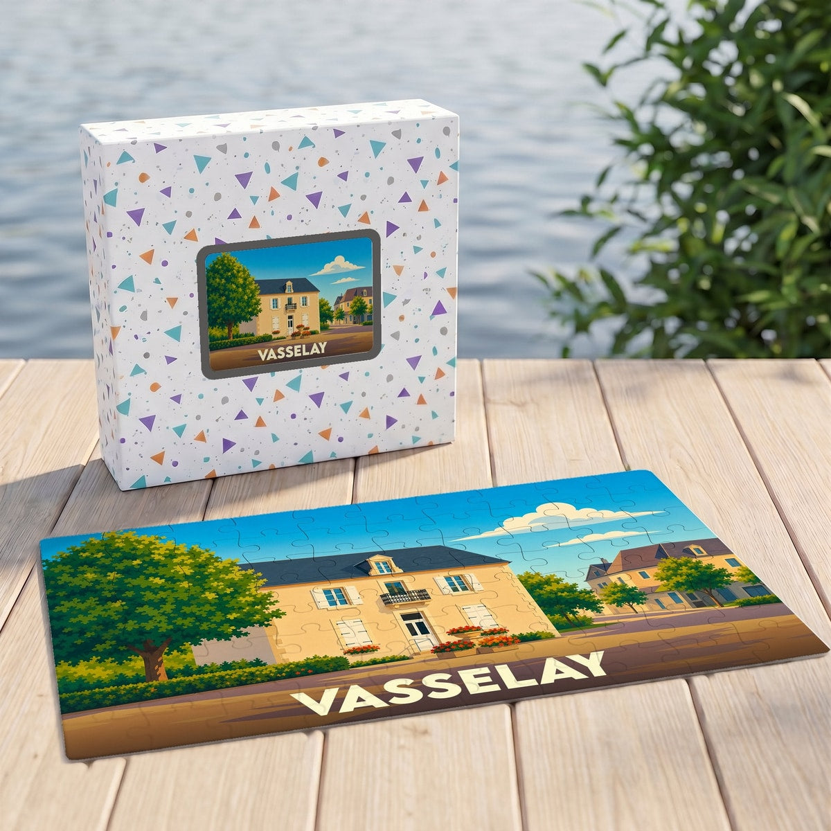Puzzle souvenir de la ville de Vasselay avec une illustration stylisée d'une maison de village.