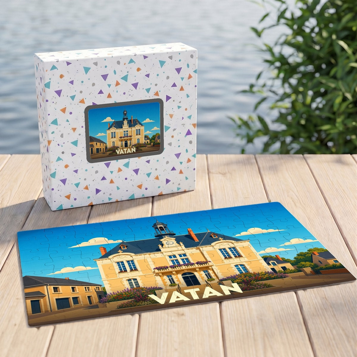 Puzzle souvenir de la ville de Vatan avec une illustration stylisée de son hôtel de ville.