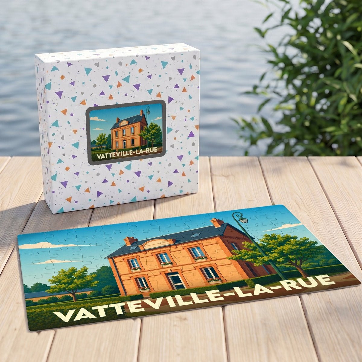 Puzzle souvenir de la ville de Vatteville-la-Rue avec une illustration stylisée de sa mairie.
