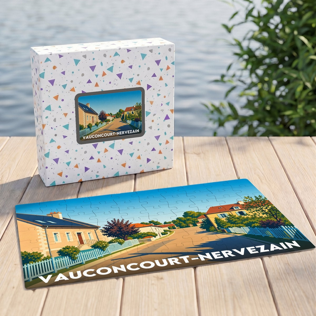 Puzzle souvenir de la commune de Vauconcourt-Nervezain avec une illustration stylisée du village.