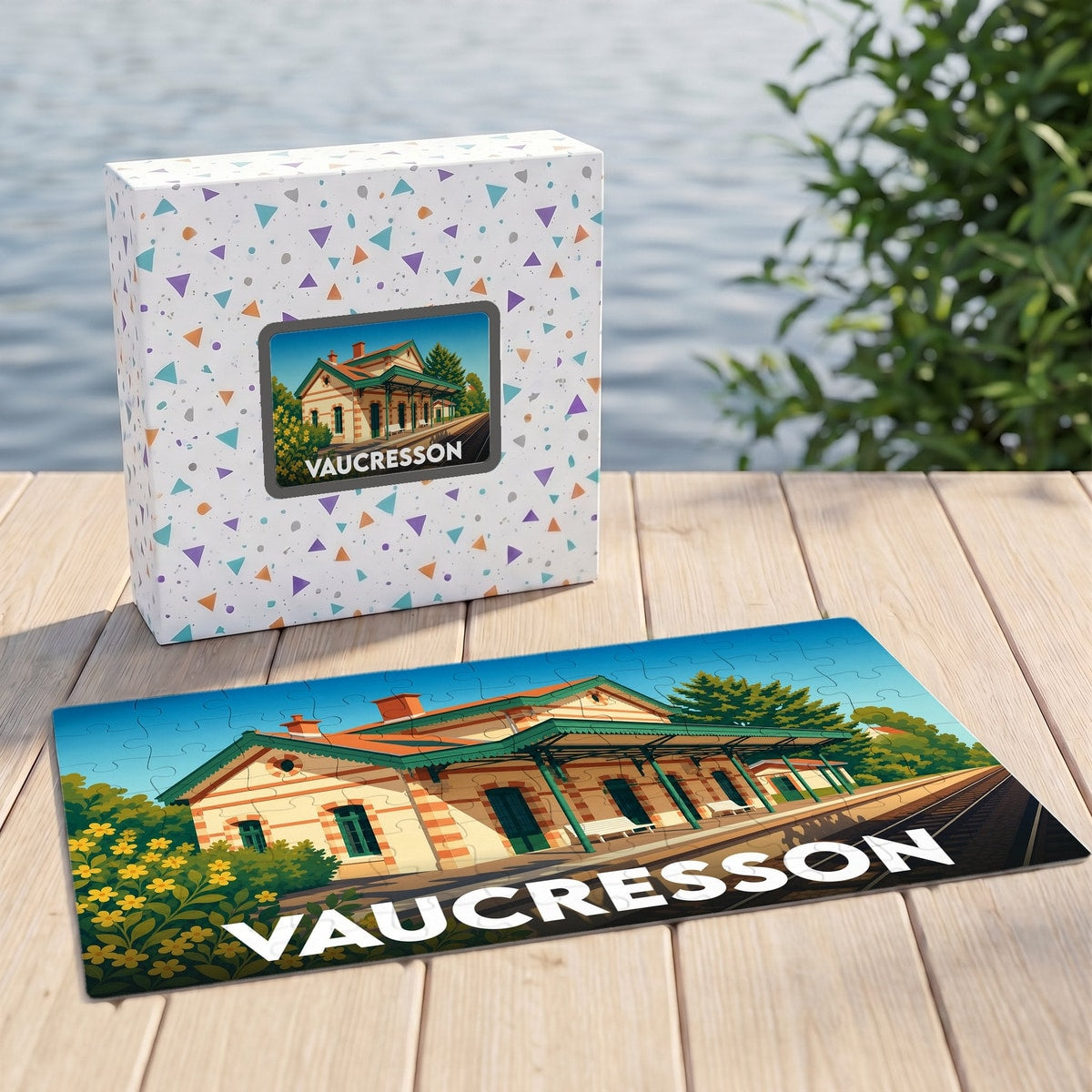 Puzzle souvenir de la ville de Vaucresson représentant sa gare avec une illustration stylisée.