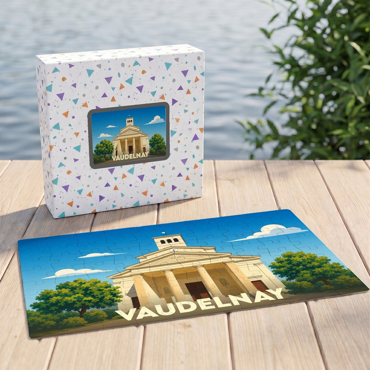 Puzzle souvenir de la ville de Vaudelnay illustrant son église dans un style graphique épuré.