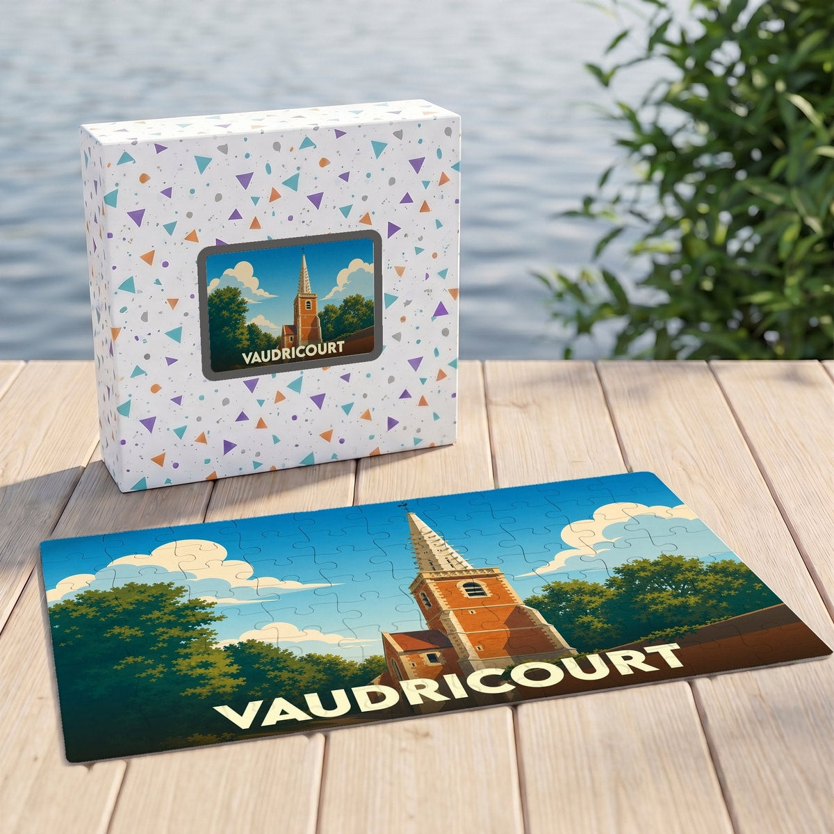 Puzzle souvenir de la ville de Vaudricourt avec une illustration stylisée de son église.
