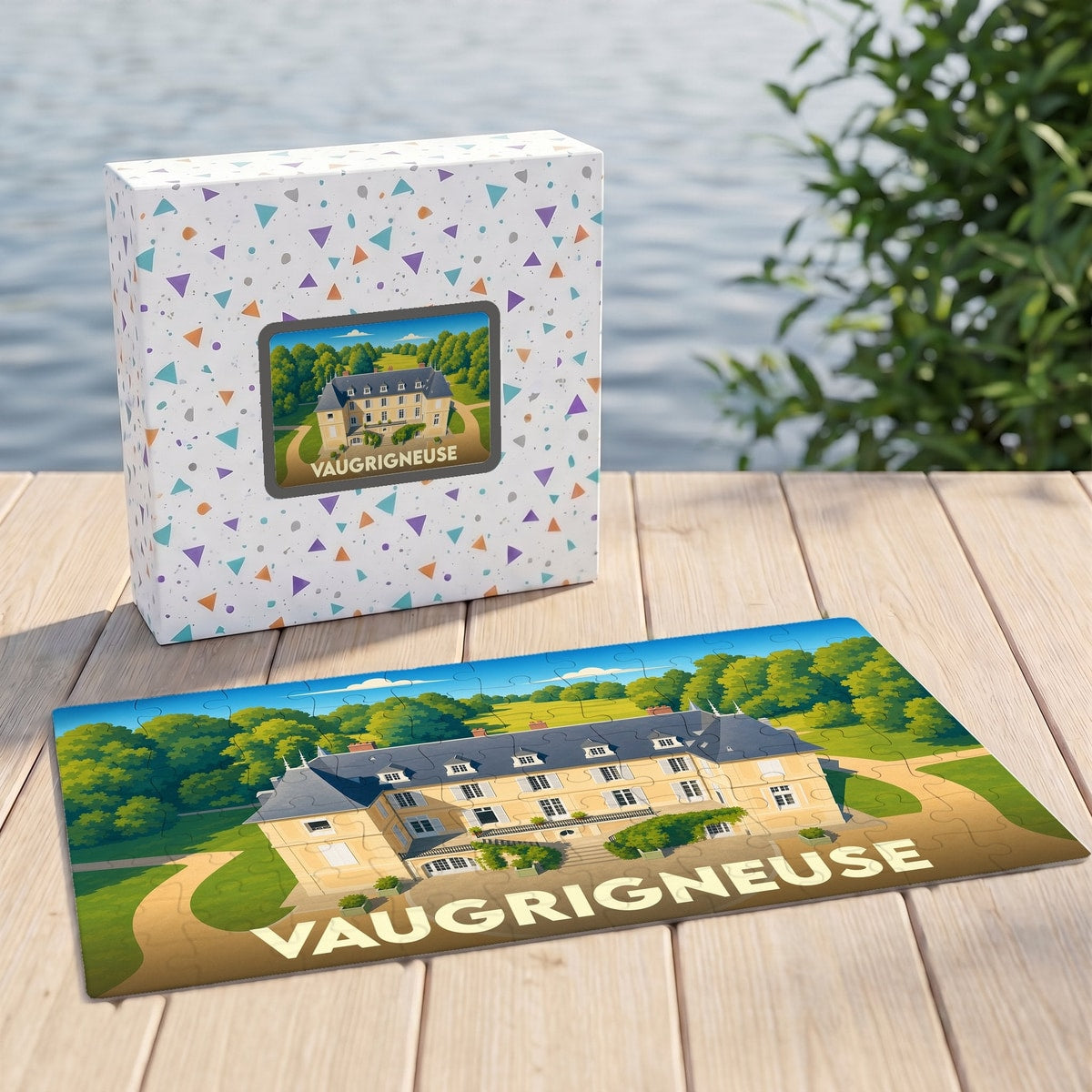Puzzle souvenir de la ville de Vaugrigneuse représentant une illustration stylisée de son château.