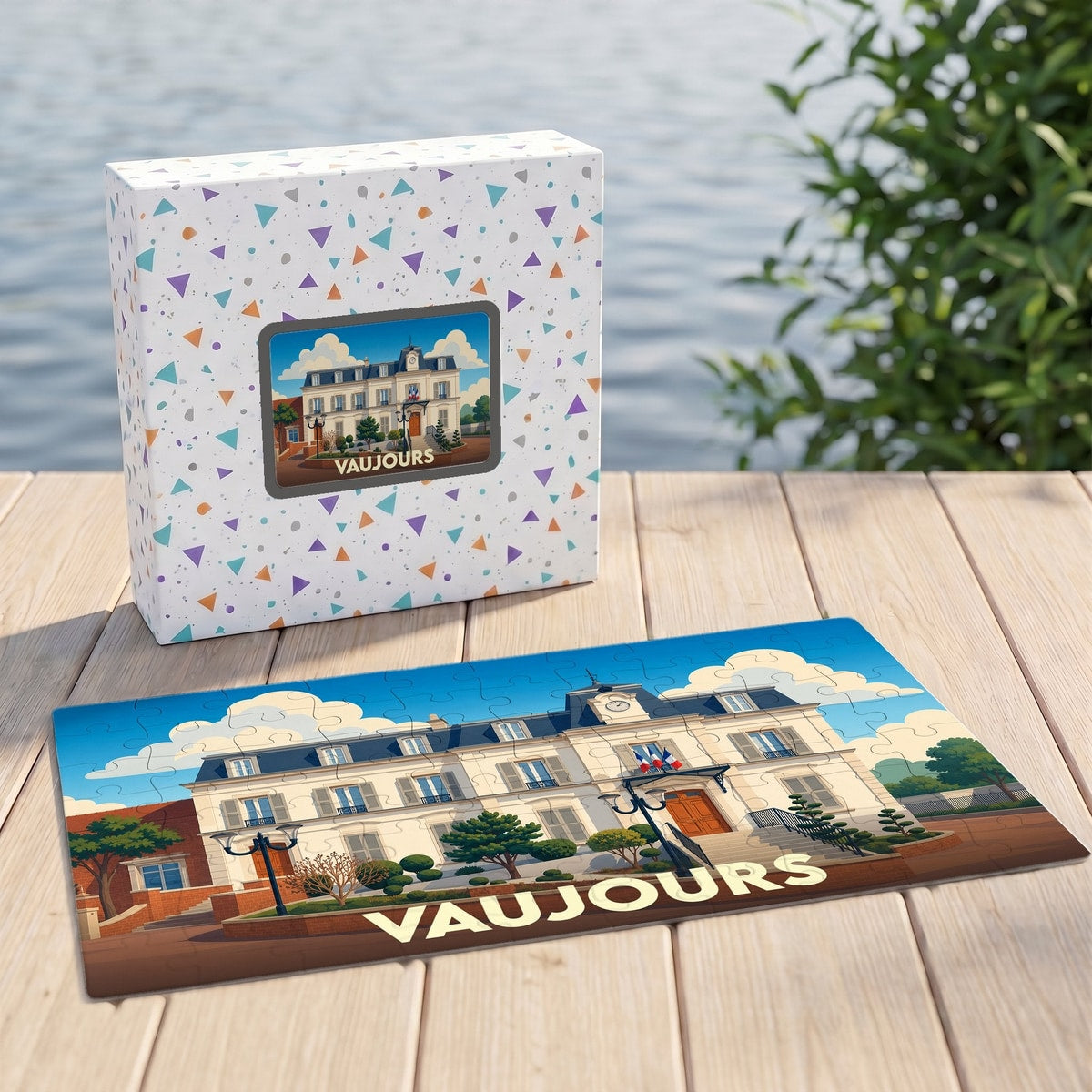 Puzzle souvenir de la ville de Vaujours avec une illustration stylisée du bâtiment de la mairie.