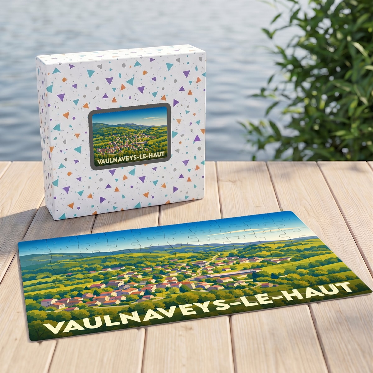 Puzzle souvenir de la ville de Vaulnaveys-le-Haut avec une illustration stylisée de son paysage vallonné.