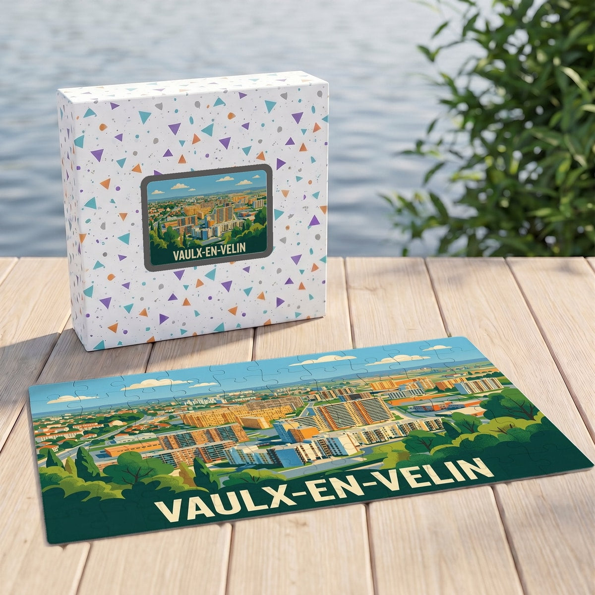 Puzzle souvenir de la ville de Vaulx-en-Velin avec une illustration panoramique colorée et stylisée.