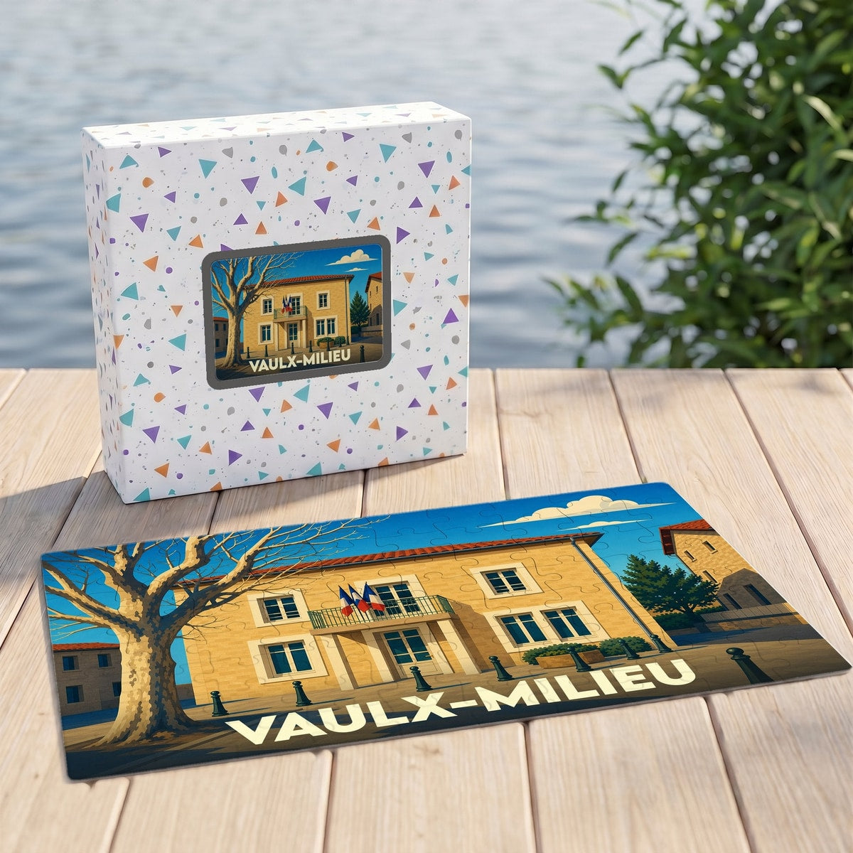 Puzzle souvenir de la ville de Vaulx-Milieu avec une illustration stylisée de sa mairie.