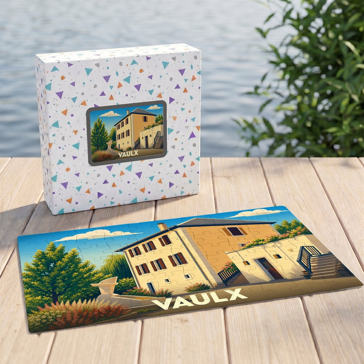 Puzzle souvenir de la ville de Vaulx avec une illustration stylisée d'une maison de campagne.