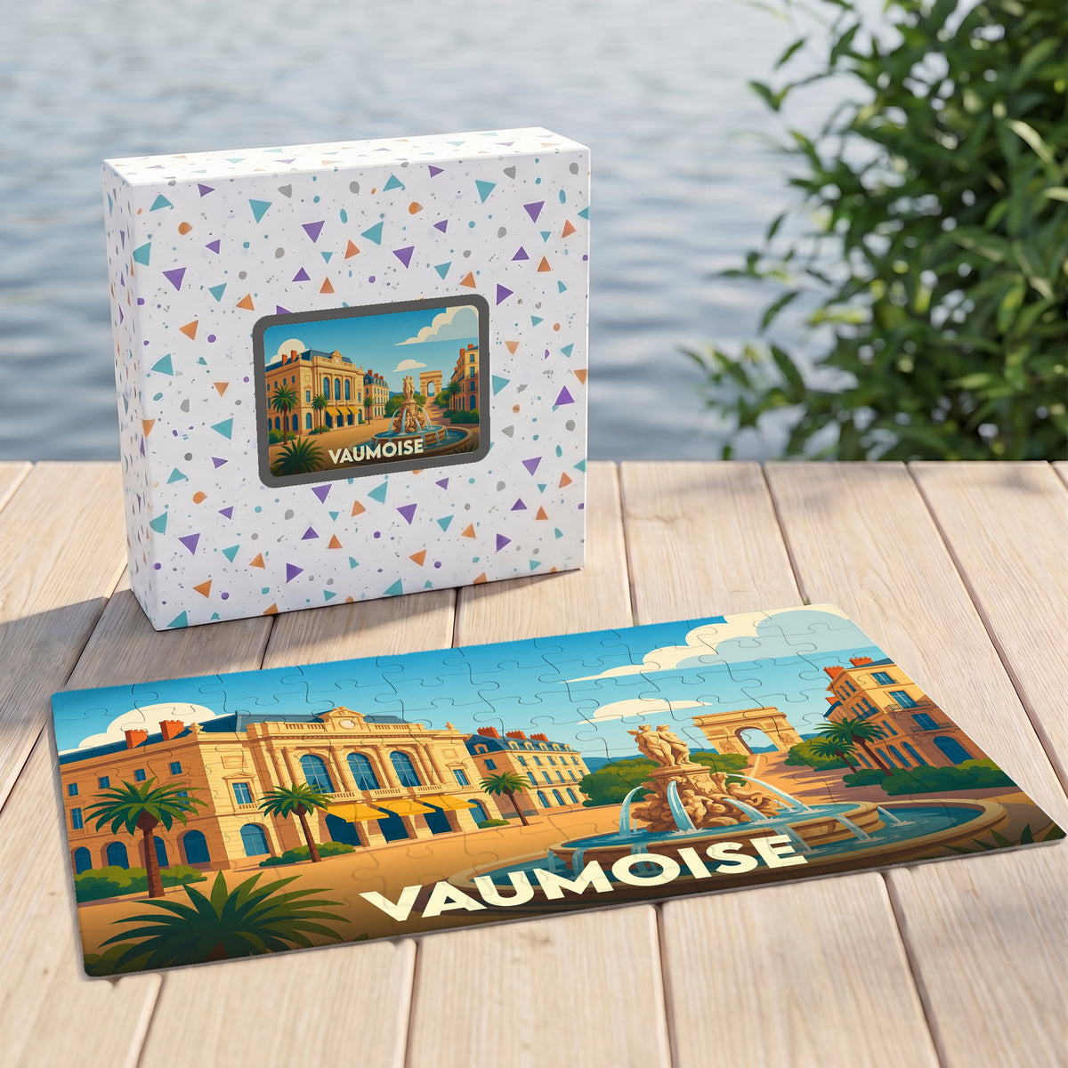Puzzle souvenir de la ville de Vaumoise avec une illustration stylisée d'une place ensoleillée.