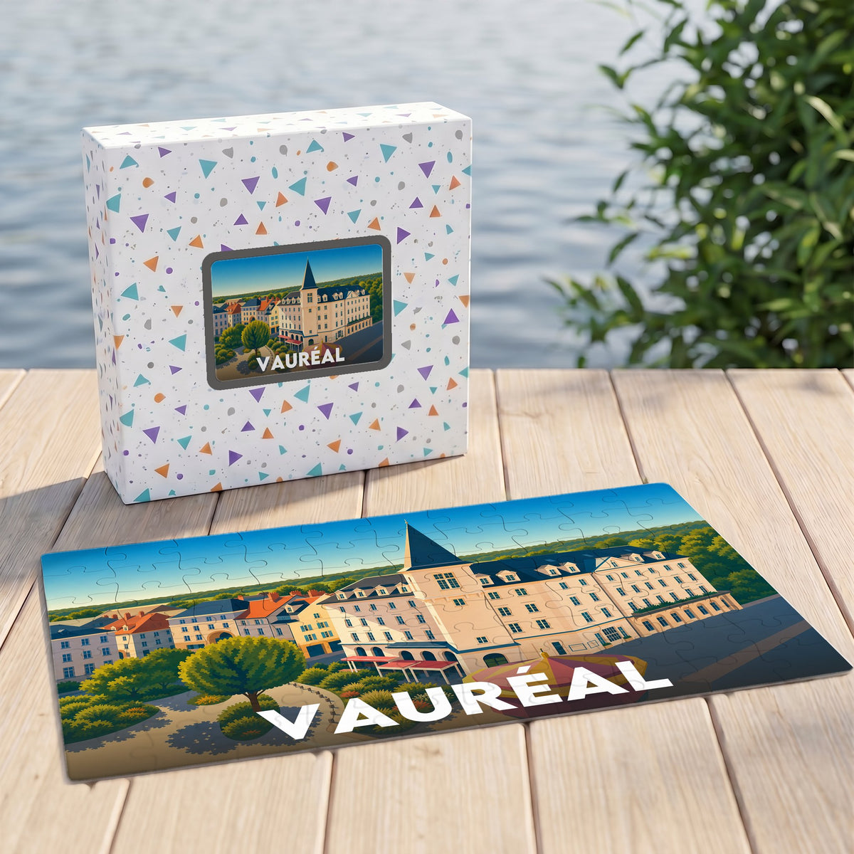 Puzzle souvenir de la ville de Vauréal avec une illustration stylisée et colorée.