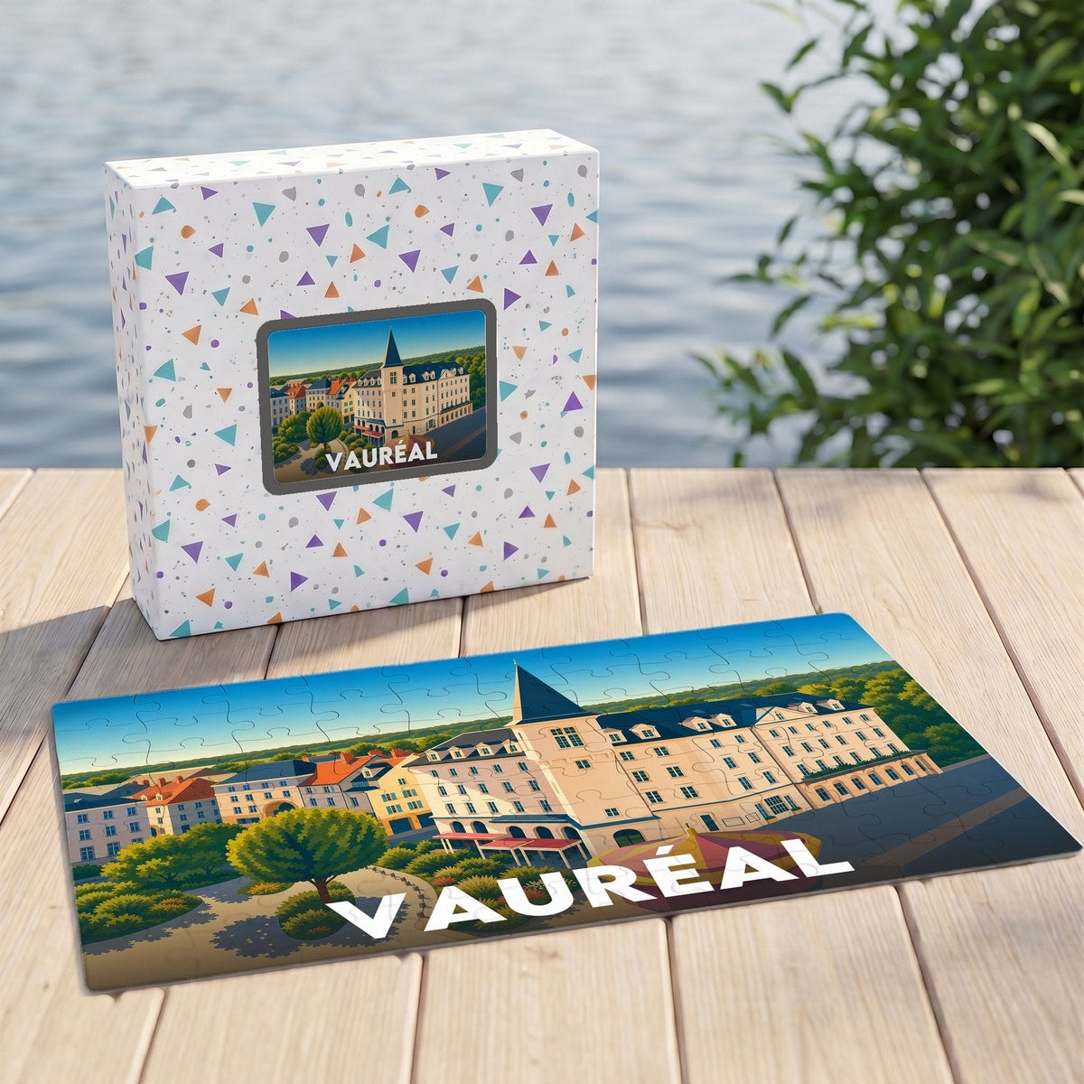 Puzzle souvenir de la ville de Vauréal avec une illustration stylisée et colorée.