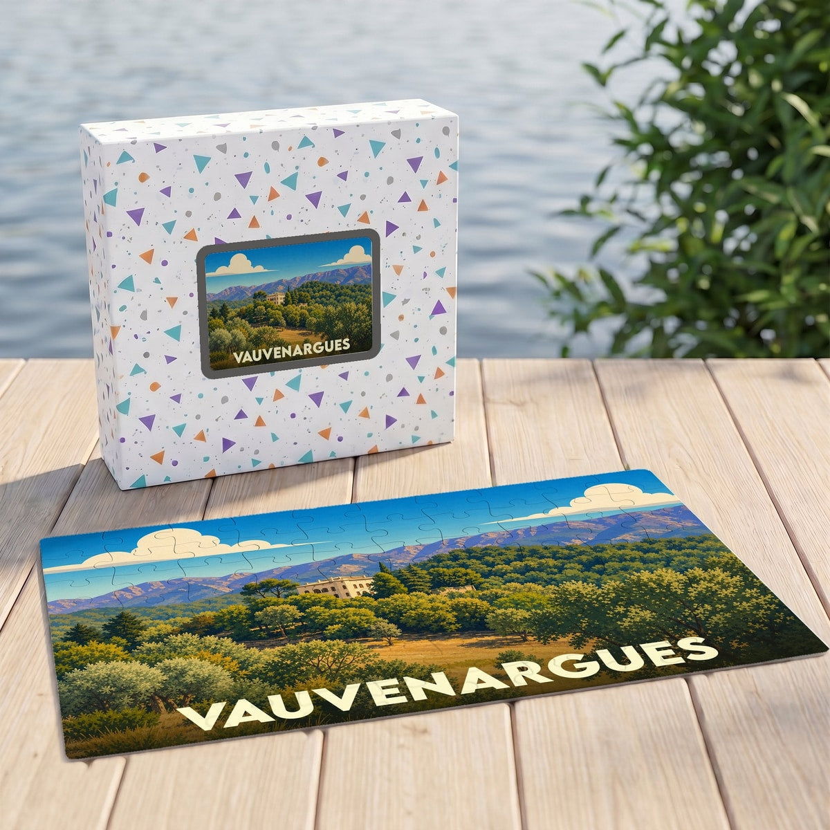 Puzzle souvenir de la ville de Vauvenargues avec une illustration de paysage stylisée.