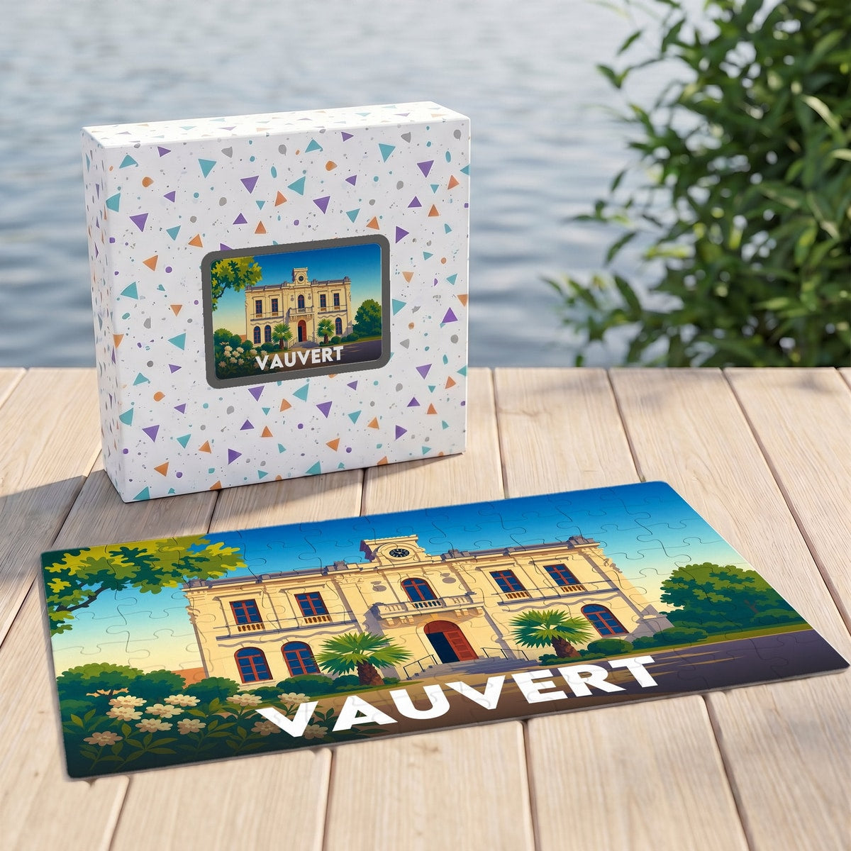 Puzzle souvenir de la ville de Vauvert représentant son hôtel de ville dans un style illustré.