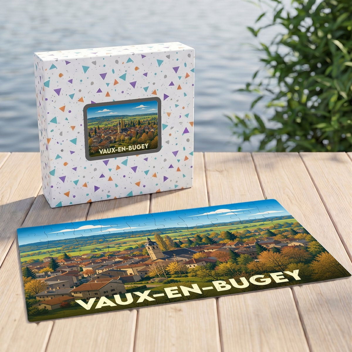 Puzzle souvenir de la ville de Vaux-en-Bugey illustré par un paysage champêtre stylisé.