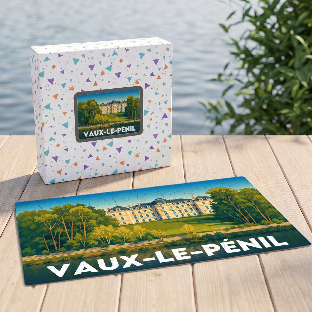 Puzzle souvenir de la ville de Vaux-le-Pénil avec une illustration stylisée du château.