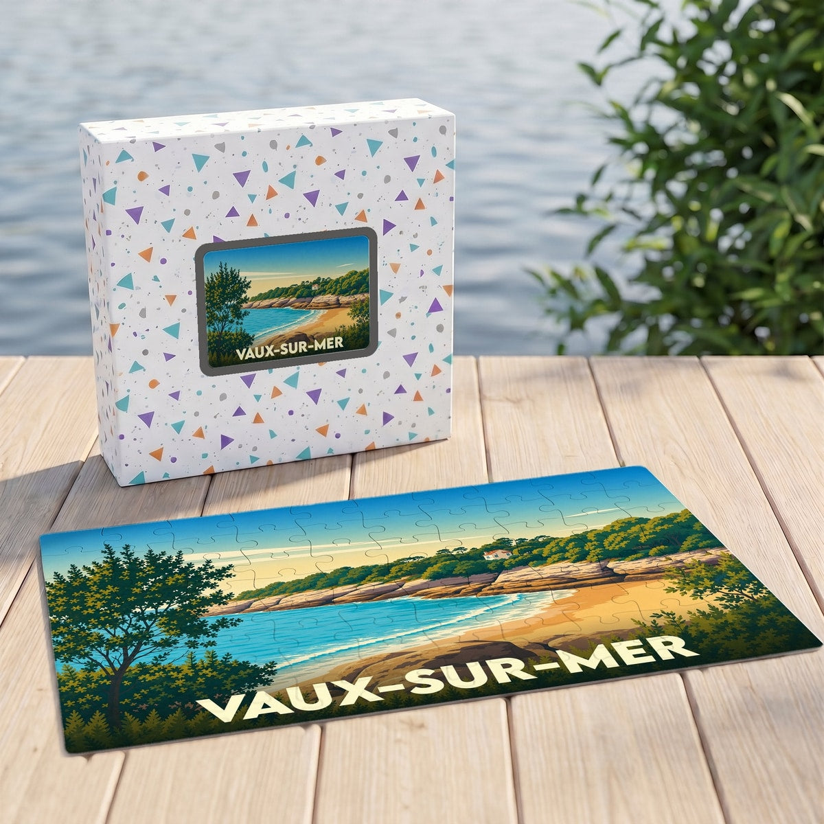 Puzzle souvenir de la ville de Vaux-sur-Mer avec une illustration stylisée de sa côte.
