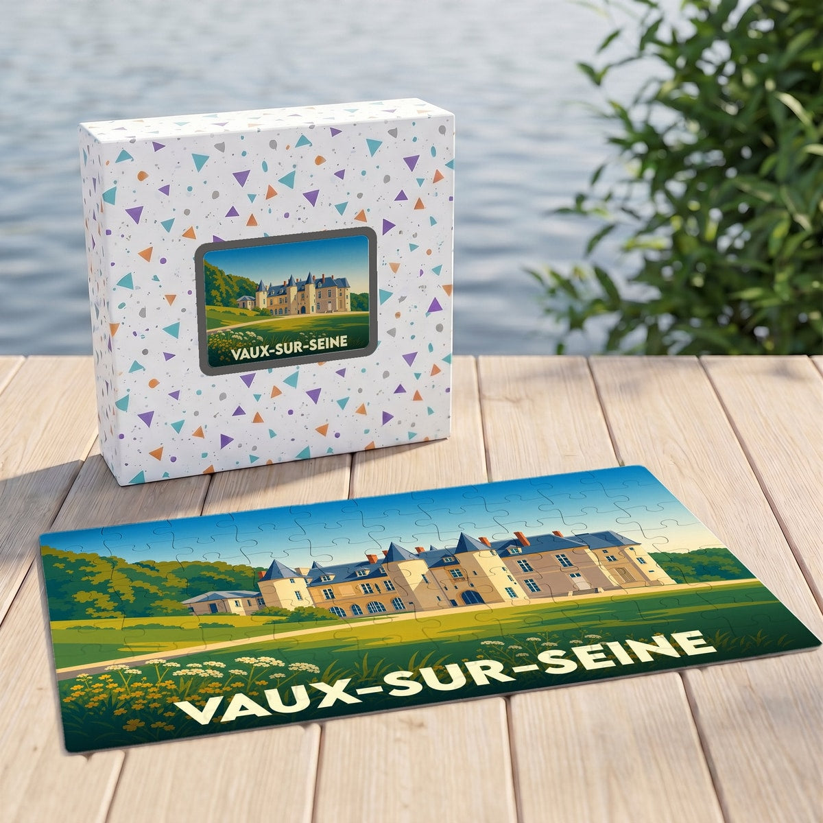 Puzzle souvenir de la ville de Vaux-sur-Seine avec une illustration stylisée de son château.