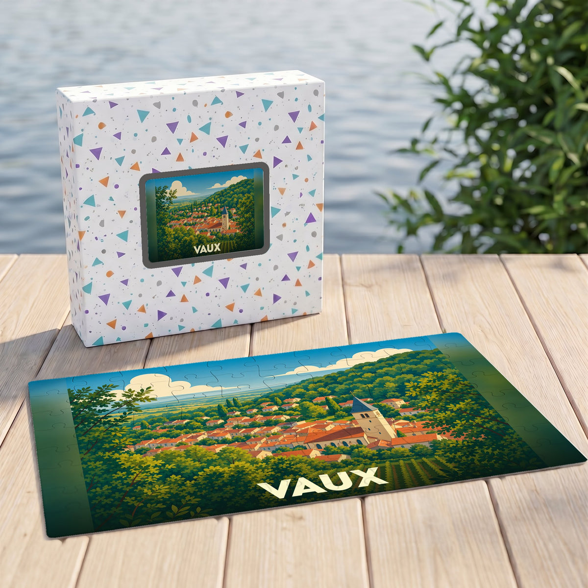 Puzzle souvenir de la ville de Vaux illustrant un paysage de village vallonné.
