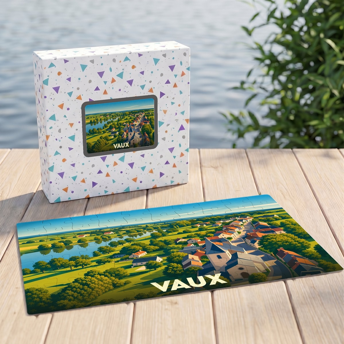Puzzle souvenir de la ville de Vaux illustré par une vue aérienne stylisée du village et de son église.