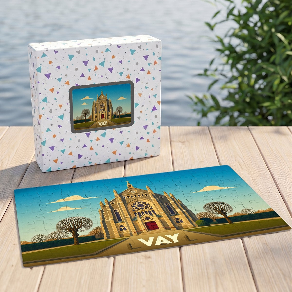 Puzzle souvenir de la ville de Vay avec une illustration stylisée de son église.