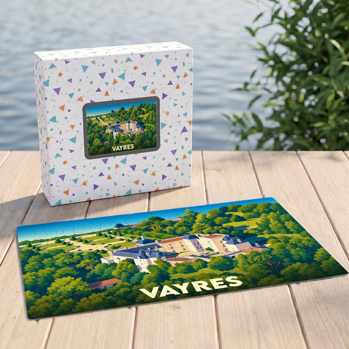 Puzzle souvenir de la ville de Vayres avec une illustration stylisée d'un château entouré de verdure.
