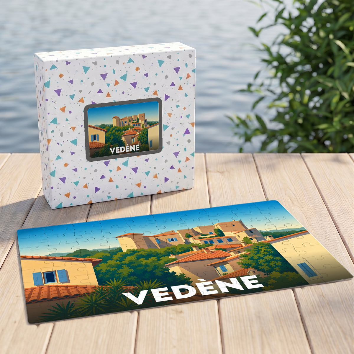 Puzzle souvenir de la ville de Vedène représentant une vue illustrée du village perché.