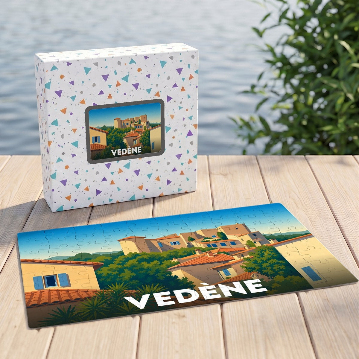 Puzzle souvenir de la ville de Vedène représentant une vue illustrée du village perché.