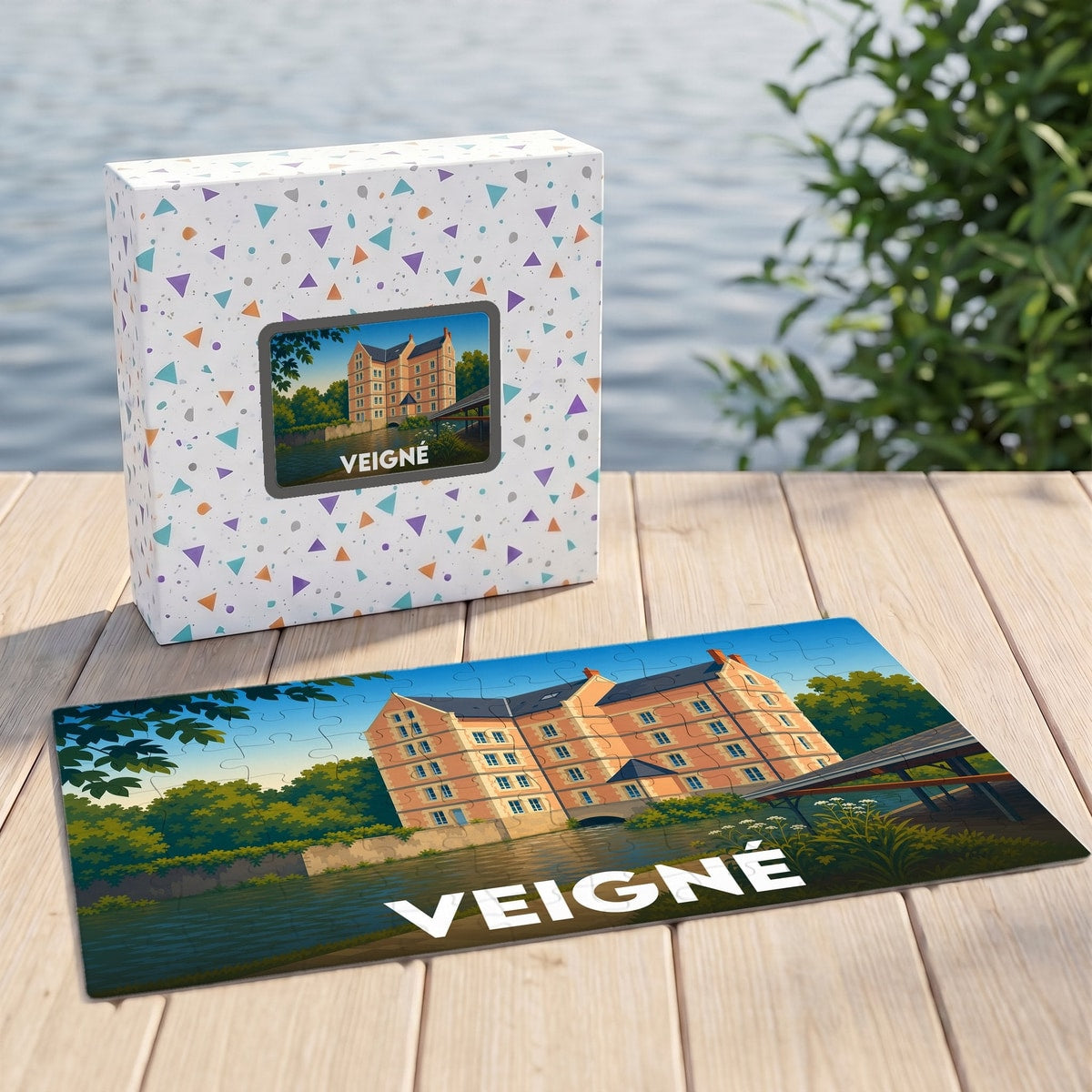 Puzzle souvenir de la ville de Veigné avec une illustration stylisée d'un château au bord de l'eau.