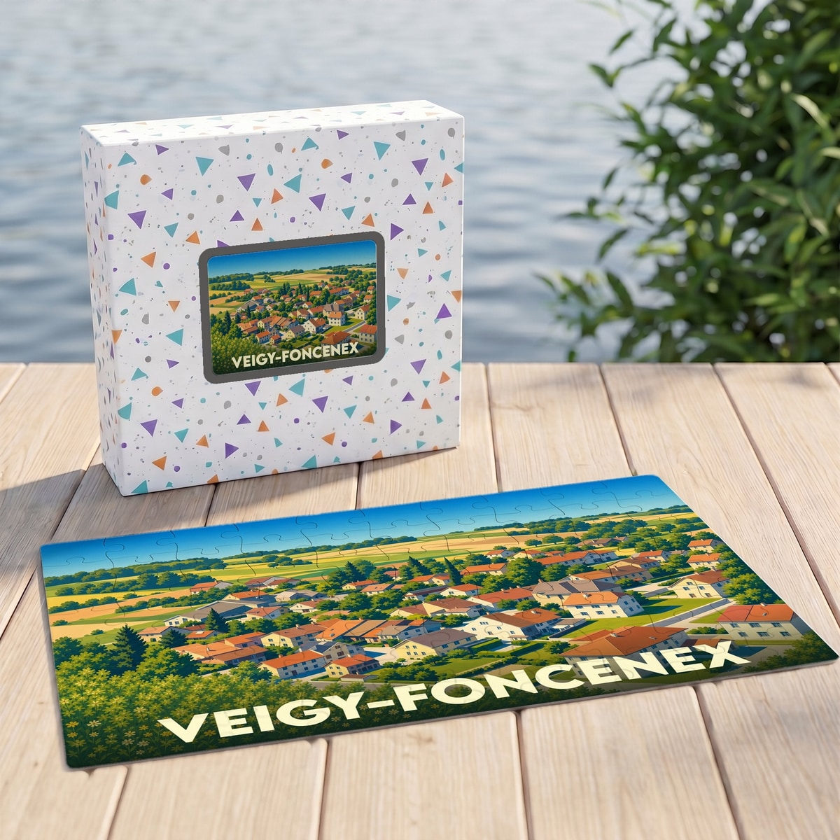 Puzzle souvenir de la ville de Veigy-Foncenex avec une illustration stylisée et colorée.