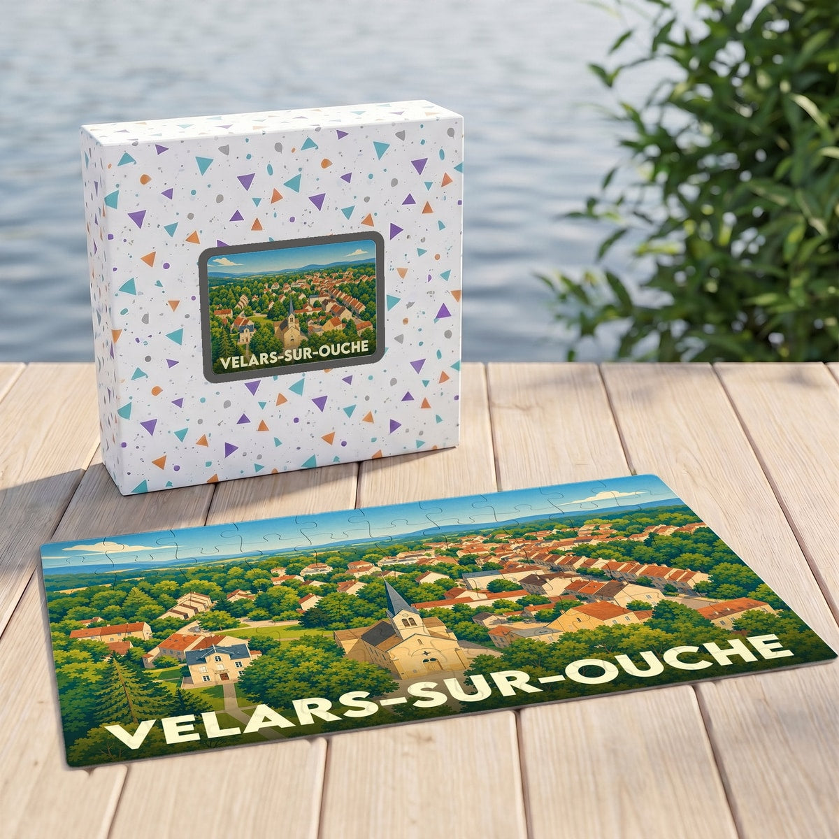 Puzzle souvenir de la ville de Velars-sur-Ouche avec une illustration panoramique colorée.