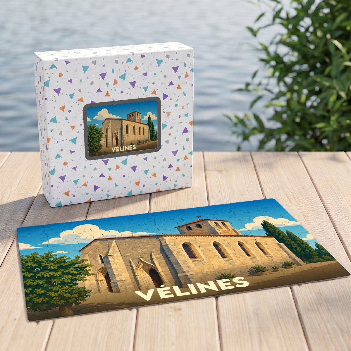 Puzzle souvenir de la ville de Vélines avec une illustration stylisée.