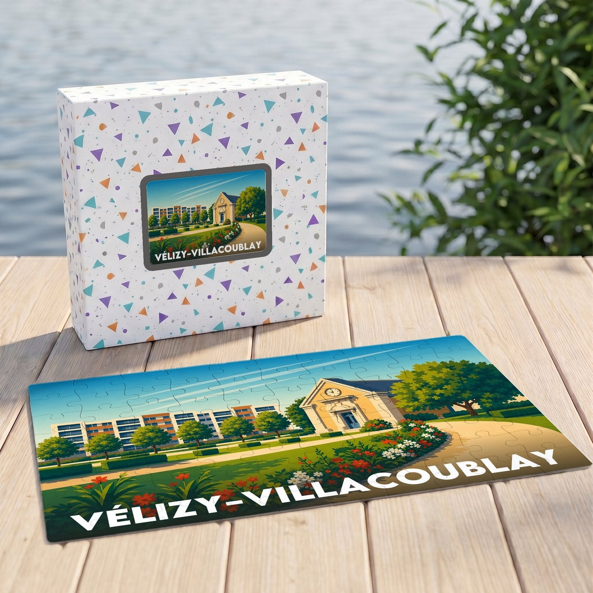 Puzzle souvenir de la ville de Vélizy-Villacoublay avec une illustration colorée et stylisée de ses bâtiments emblématiques.