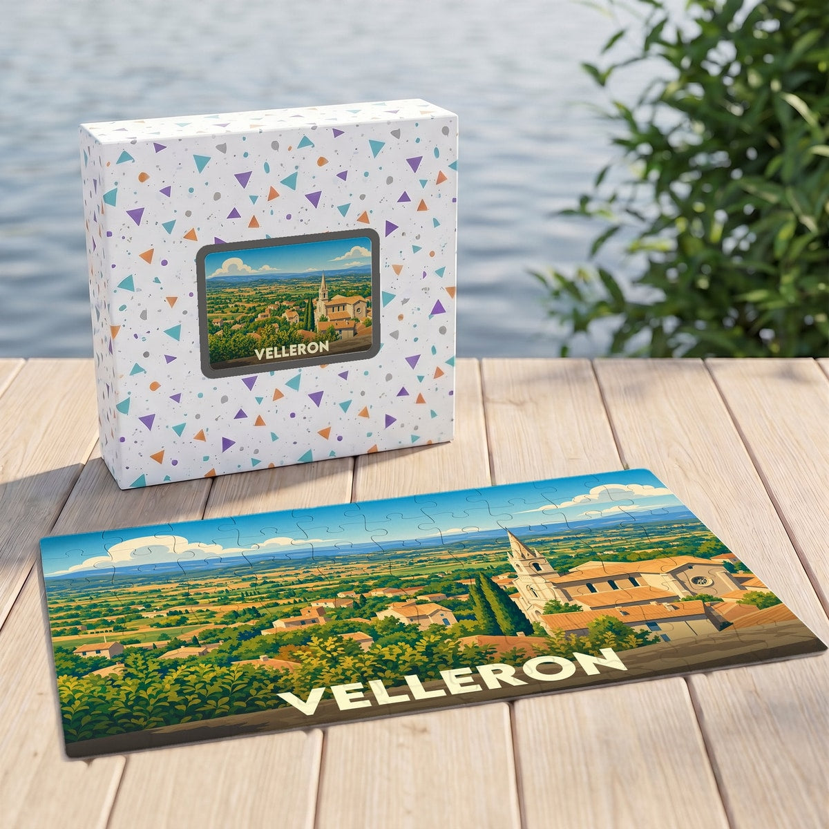 Puzzle souvenir de la ville de Velleron avec une illustration panoramique stylisée.
